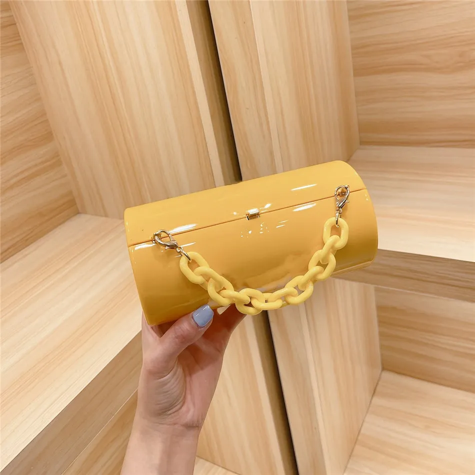 2021 Vibrant colorful acrylic jewelry bag well known design cylindrical handbag chain handle decoration dinner party style trendy lady shoulder bags