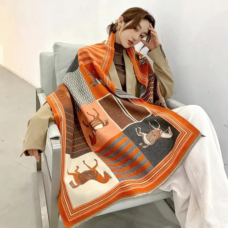 Scarves 2022 Cashmere Scarf Winter Women Pashmina Shawls Warm Blanket Wraps Female Foulard Bandana Thick Print Luxe