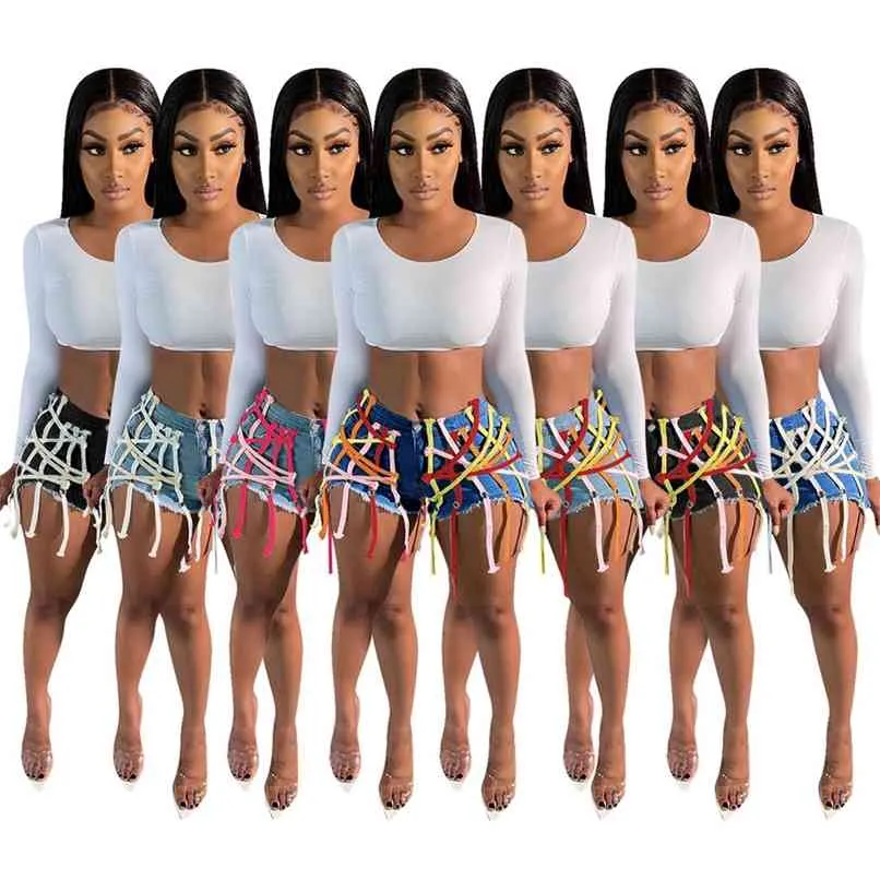 Moda Dziewczyny Denim Spodenki Letnie Test Sprzedaż Zipper Hollow Out Bandaż Sznur Tassels High Waist Casual Jeans Street Wear 210724