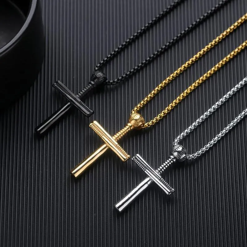 Acier inoxydable Vintage Baseball Croix Noir Pendentif Collier Bijoux Sports Gym Hommes Punk Rock Colliers Bijoux Cadeau Pour Lui Chaînes