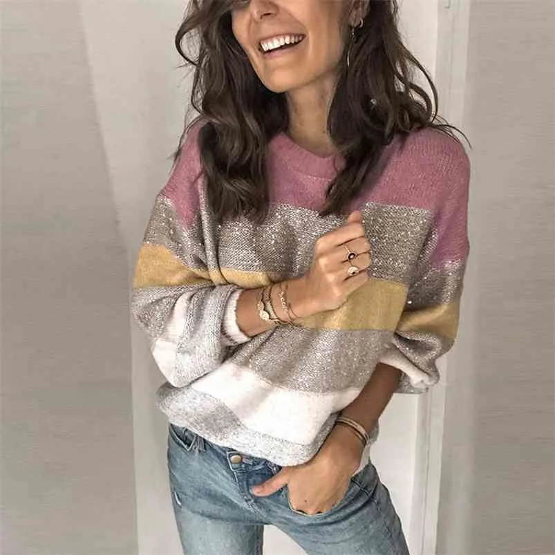 glitter stripe pullovers female casual sequin pink plus size sweater women autumn winter knited christmas jumper 210427