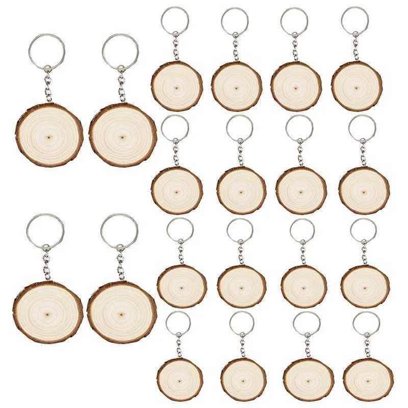 20PCS-nyckelringar med etiketter Nyckelringar Runda Träringar Blank nyckelkedja för DIY Craft Hang Taggar H0915