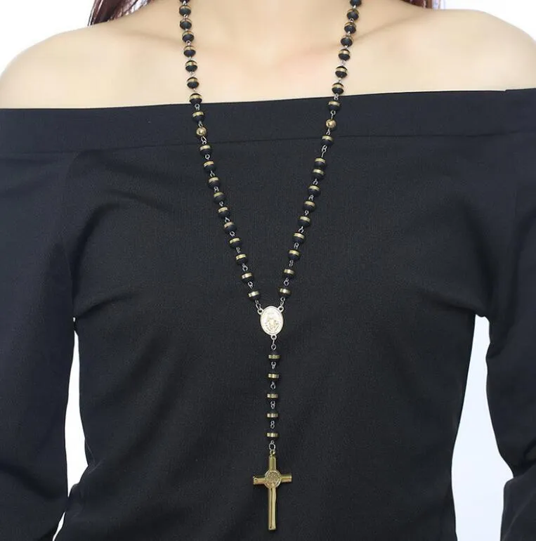 Rosaire Chaîne Marie Avec Pendentif Croix - Perles Noires Strass - Pour Femmes Et Hommes