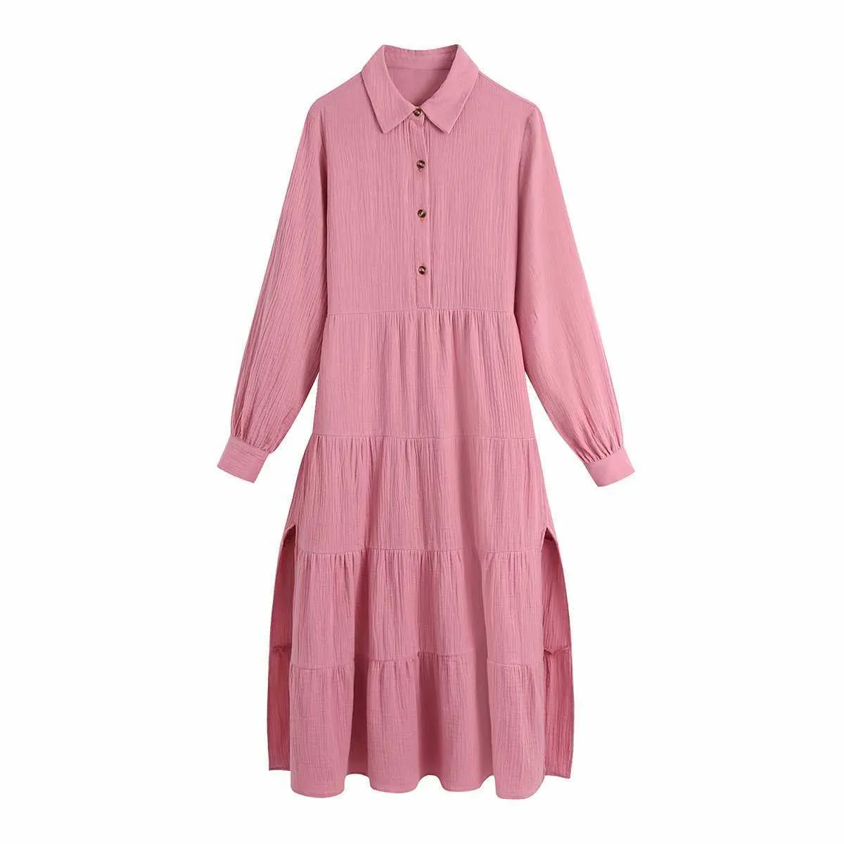 Women Vintage Solid Shirt Dress Side Slit Fashion Long Sleeves Buttoned Lapel Neck Midi Dresses Woman Robe 210709