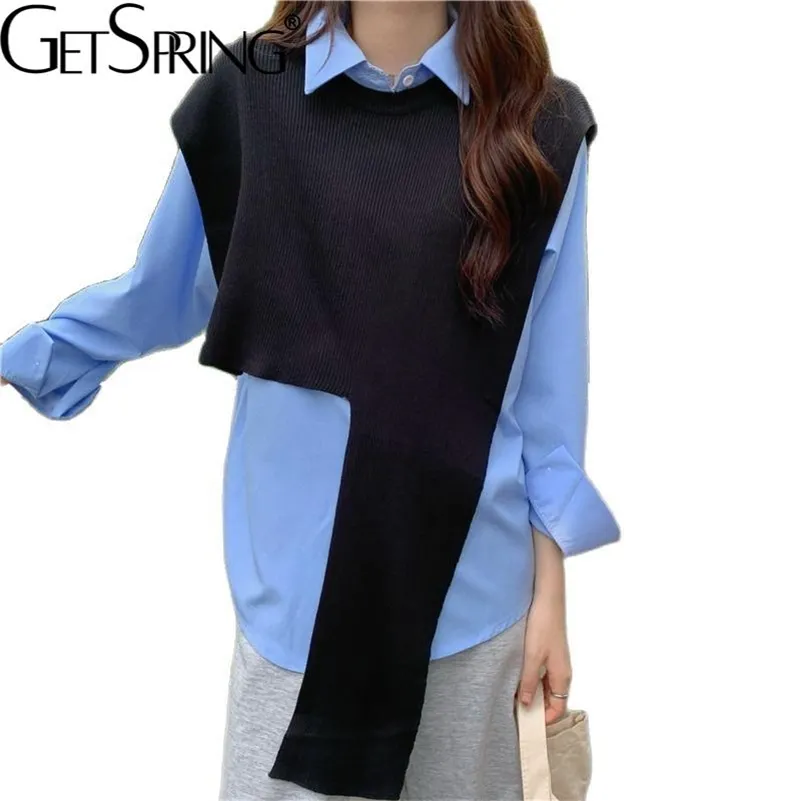 Getspring Women Sweater Vest Asymmetry Sleeveless Knitting Tops Irregular Black White Short Korean Vest Autumn Women's Clothing 211106