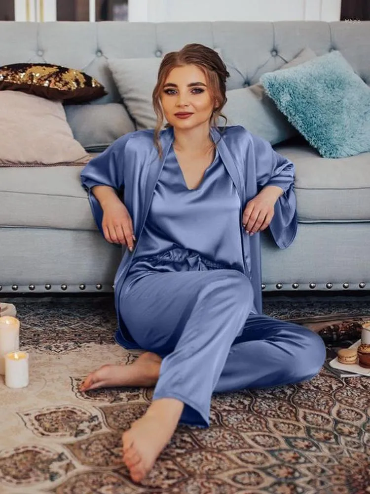 Women's Sleepwear Womens Robe Pajama Sets Long Sleeve Nightwear Peignoirs For Women Pijama Set Woman 2 Pieces Lace Up Bathrobes Nightgown