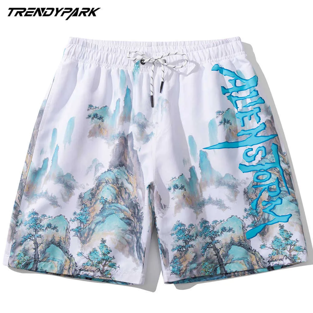 Mannen Board Korte Chinees Landschap Schilderen Zomer Oversize Zakken Streetwear Harajuku Trekker Casual Sneldrogende Strand Shorts 210601