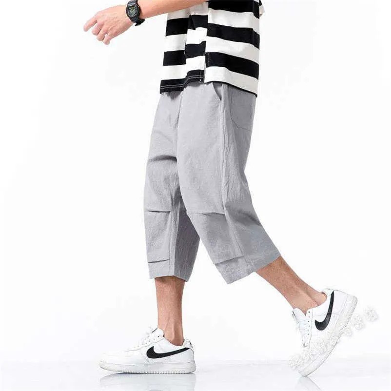 2020 Sommar Mens Bomull Linen Beskuren Byxor Kalvlängd Harembyxor Man Hip Hop Streetwear Trousers Plus Size M-7XL 8XL Y0811
