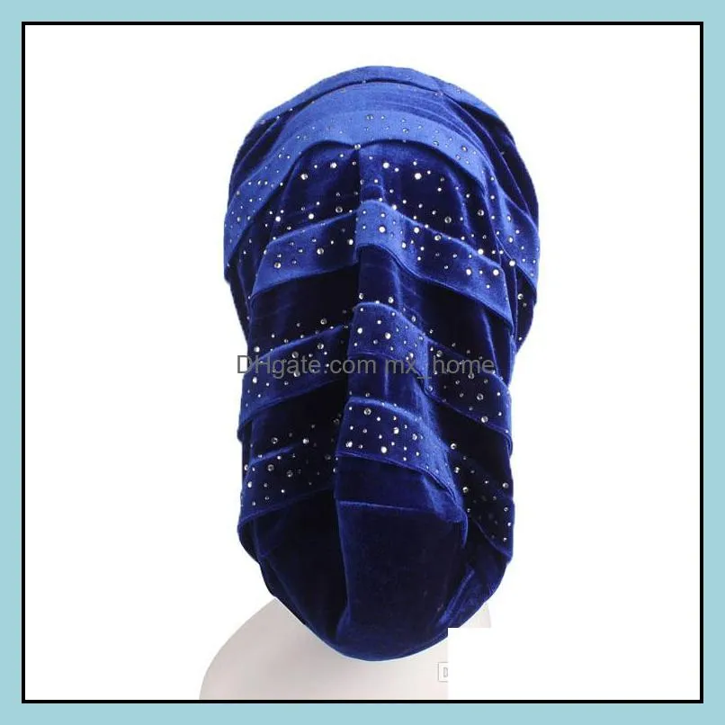 New fashion diamante velvet ruffle turban dreadlock sleeping cap Beany Slouch Cap Bandana Hair Loss Bonnet Tube cap 6 colors