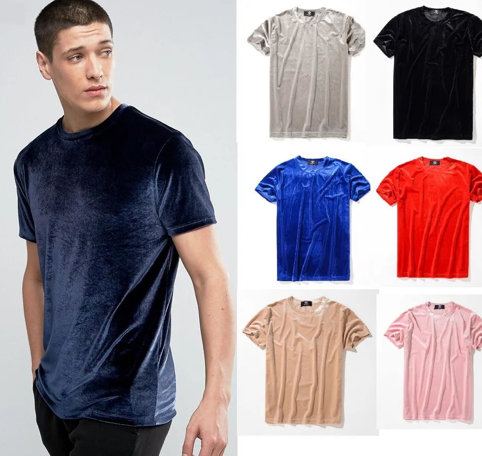 Velour Men's T Shirts Solid Färg Svart Blå Tshirt Kortärmad Män Koreansk Casual Compression O Neck Velvet Tee Toppar