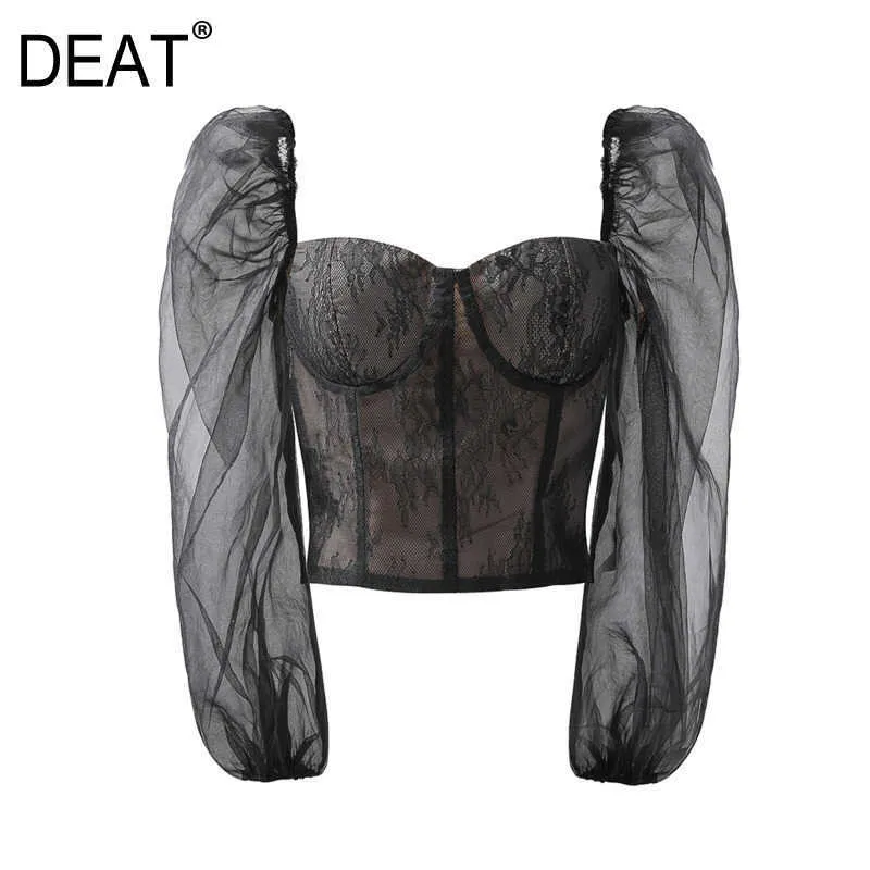 [DEAT] Summer Fashion Printing Square Collar Puff Sleeve Net Yarn Temperament Elegant Chiffonskjorta Kvinnor 13c717 210527