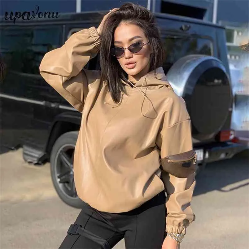 Ücretsiz Saf Renk PU Deri Kapüşonlu Kazak Kadın Moda Uzun Kollu Tüm Maç Gevşek Üst Bayan Giyim 210524