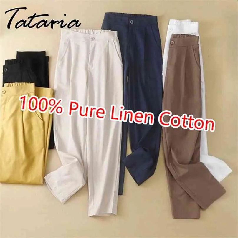 Kobiety 100% Pure Lniane Spodnie bawełniane Vintage Casual Paisted Classic Harem Dla Kobiet Lato Białe Długość łydki Spodnie 210925