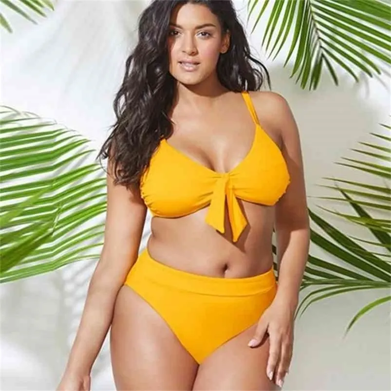 Bikini de cintura alta Plus Size Swimwear Mulheres Sexy Bow-Nó Push Up Swimsuit Feminino Sólido Sólido Ternos Summer Summer Beach Wear 4xL 210621