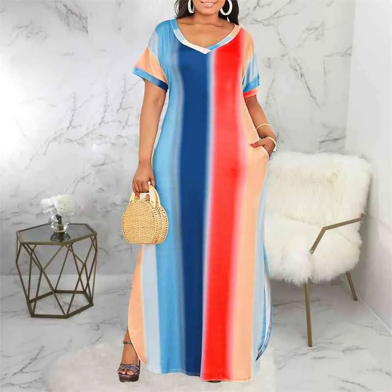 Print Large Size Women Dresses Short Sleeves Color Block Stylish 4XL 5XL Loose Long Split Casual Sundress Summer Fashion 210527
