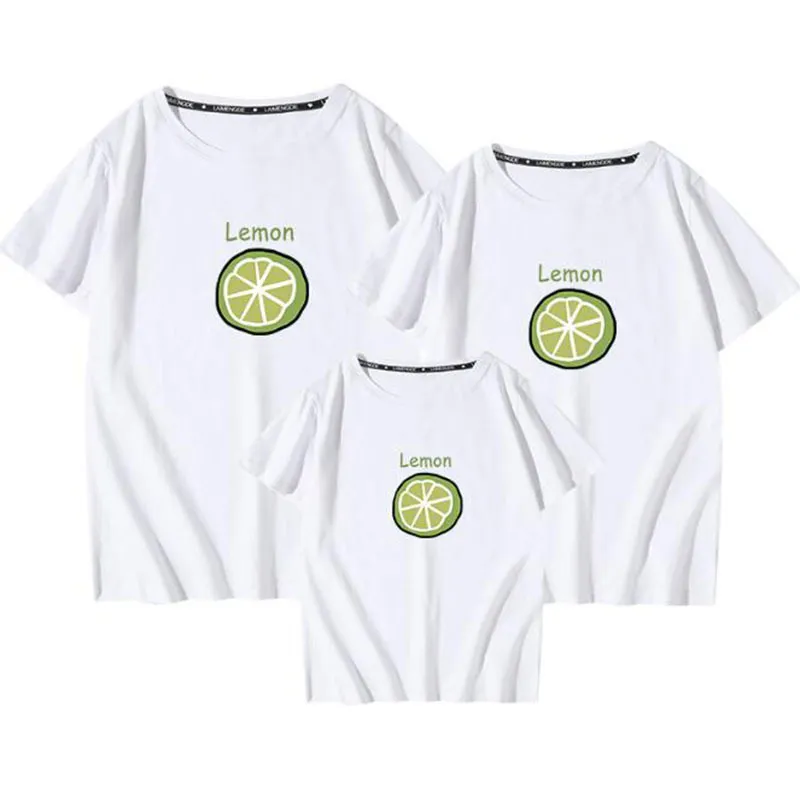 家族の見地マッチング衣装Tシャツ服母父父娘子供赤ちゃん夏レモン印刷210429