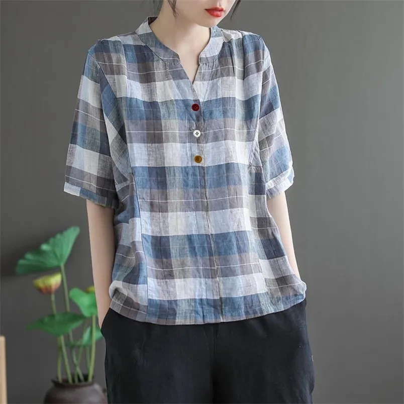 Summer Arts Style Mujeres con cuello en V Manga corta Camisas casuales Algodón Lino Plaid Blusas sueltas Tallas grandes Femme Tops M130 210512