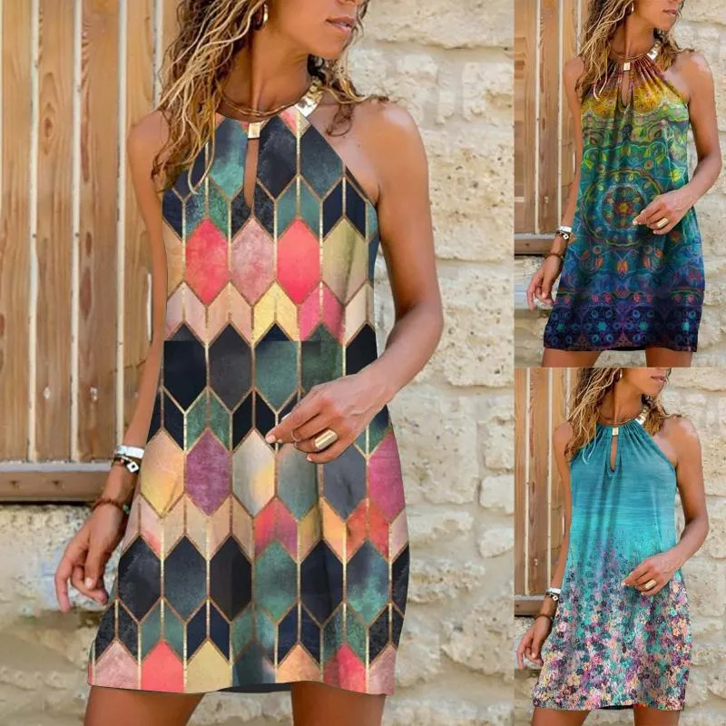 Повседневные платья Женские Летние 2021 Сексуальная O-Cex Floral Print Boho Beach Dress Dress Mini Wrap Sundress Женский халат