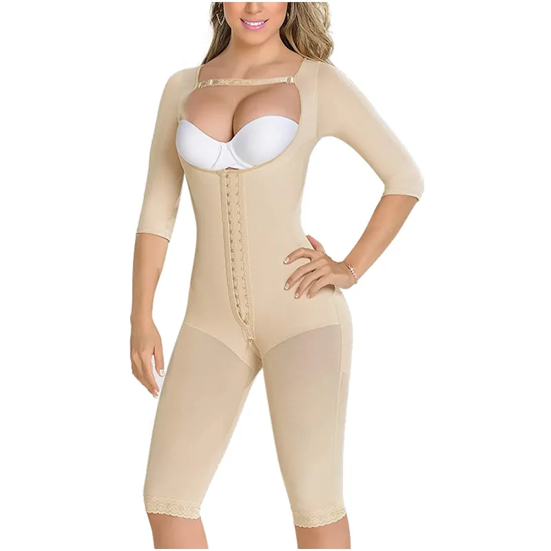 Women's Shapers Knee Length Shaping Bodysuit Sleeves High-Back Recovery Compression Garment Shapewear With Straps Fajas Colombianas