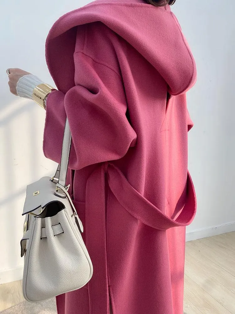 Misto lana da donna Cappotto in cashmere con cappuccio a doppia faccia rosso rosa Lungo di fascia alta 2021 Bozzolo spesso taglie forti