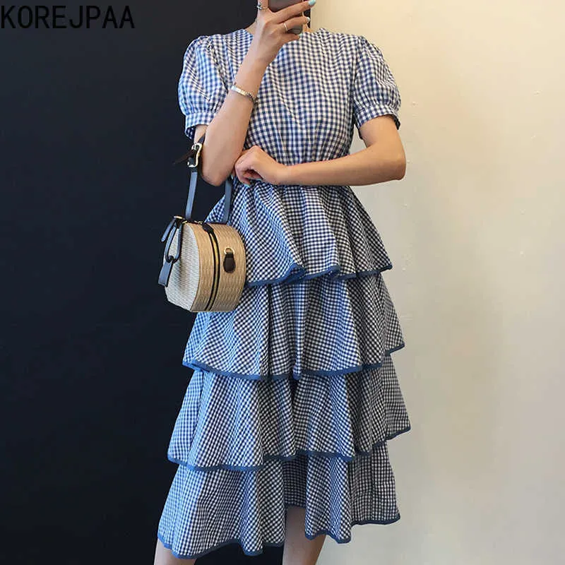 Korjpaa Kvinnor Klänning Sommar Koreanska Chic Girls Sweet Western-Style Plaid Round Neck High-Waist Layered Ruffled Cake Vestidos 210526