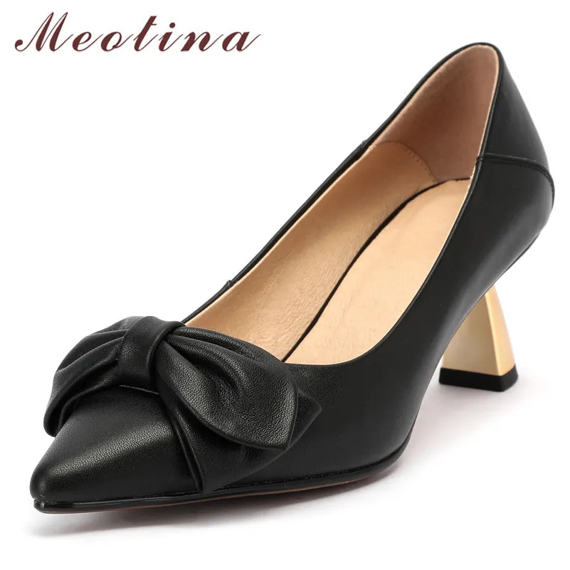 Meotina Véritable Cuir Chaussures À Talons Hauts Bow Femmes Chaussures Bout Pointu Style Étrange Talons Chaussures Dames Chaussures De Fête Beige 40 41 210520