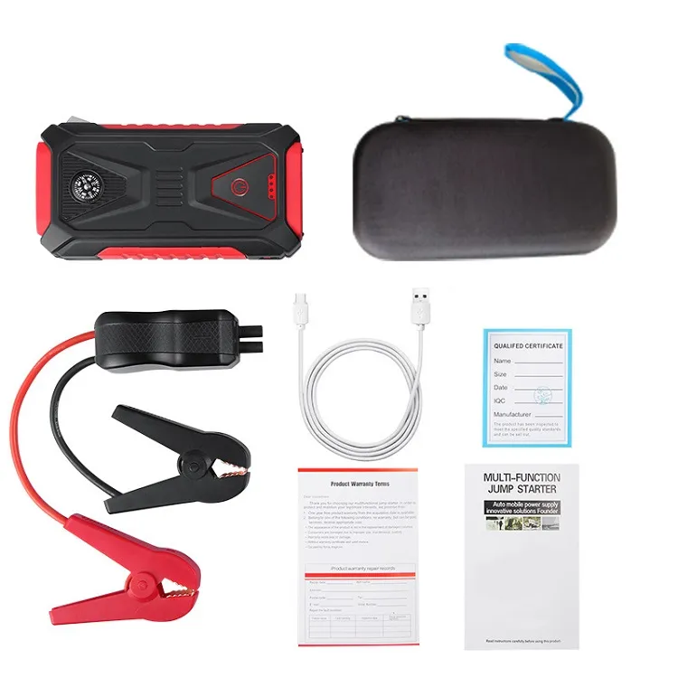 Krachtige 23000mAh auto Jump Starter met veiligheid Smart Clips Multifunctionele draagbare voertuig Noodsituatie Hamertools Outdoor Compass Mobile Telefoon Voeding