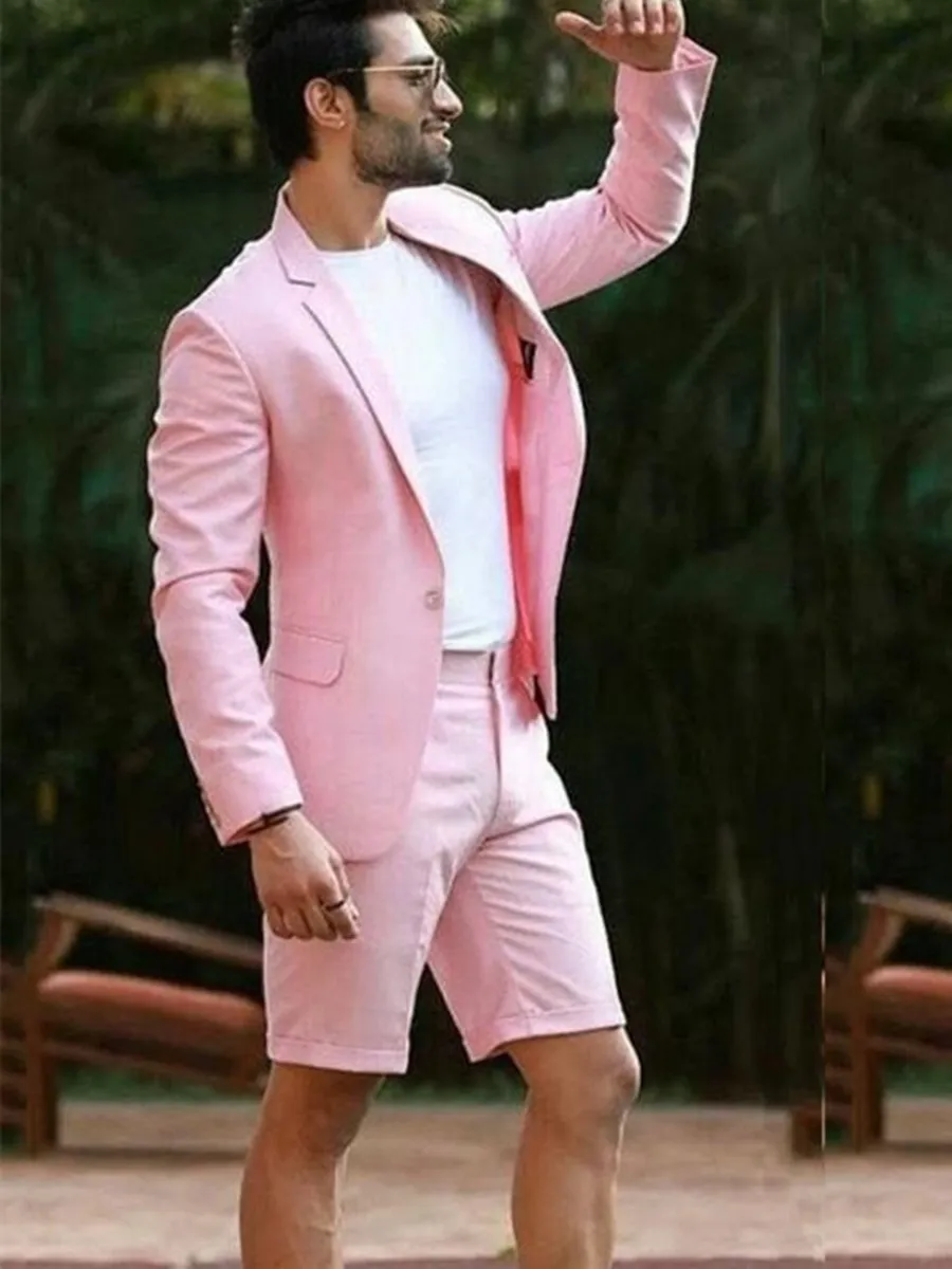 Aangepaste roze bruiloft mannen pak met korte broek 2022 Business Terno Masculino Beach Mens Zomer Bruidegom Dragen Suits Jas + Shorts