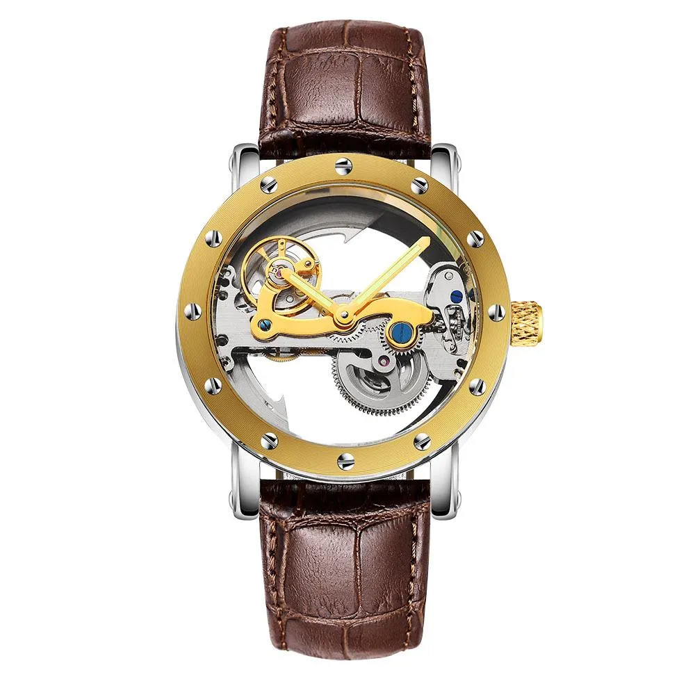 Klassiek militair horloge met holle wijzerplaat Luxe Zwitserse heren Automatisch mechanisch Tourbillon Transparante bodem Duik roestvrij staal Brands264T