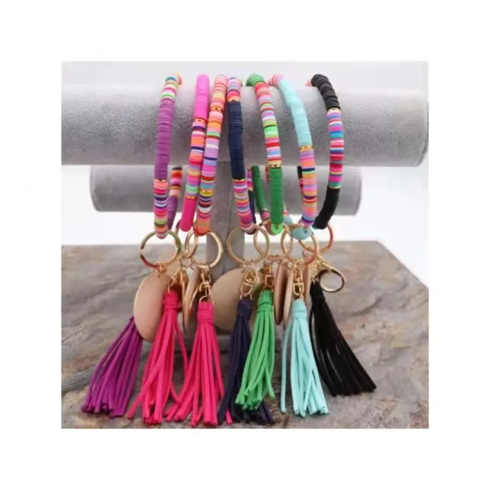 Foreign trade creative personality color soft pottery bracelet bohemian blank disc tassel keychain