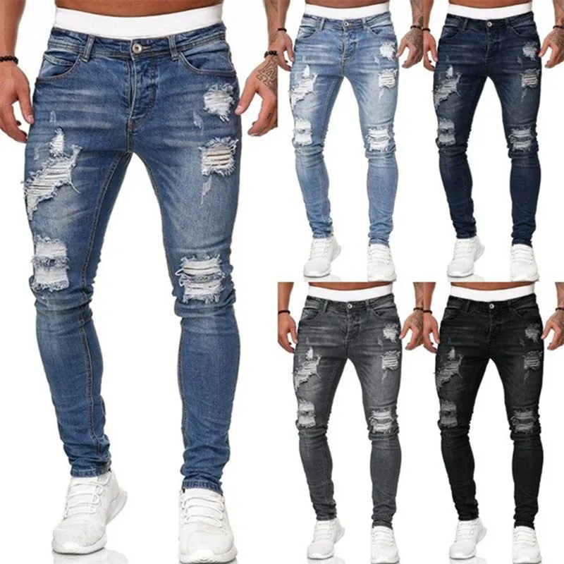 Mens mode hål rippade jeans byxor casual män skinny jean högkvalitativa tvättade vintage penna byxor 5 colora storlek s-3xl