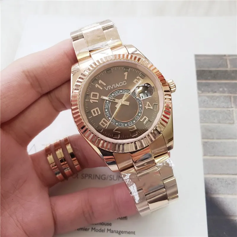 Модный бренд из нержавеющей стали Автоматический механический круг календарь часы мужчины сапфировые стекла розовые золотые кофейные спортивные часы