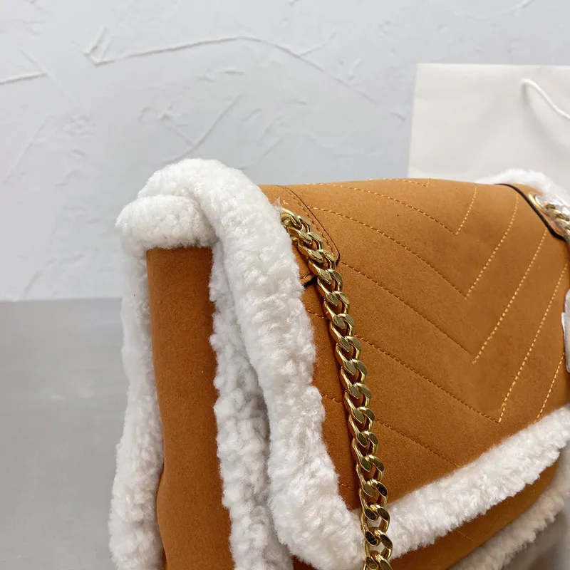 Classic Women Winter Chain Bag Postman Shoulder Crossbody Bags Lamb Hair Cowhide Y Letter Handbags Lady Wallets Flap Messenger Bag Purse