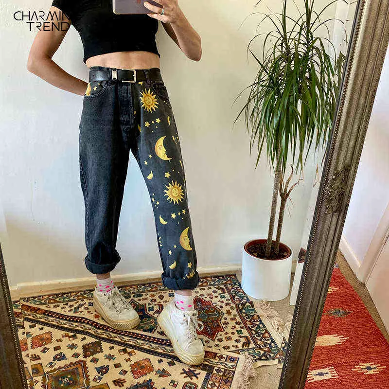 Hög midja lösa jeans för kvinnor solmånstjärna mönster plus storlek casual rak denim byxor streetwear tvättad pojkvän 211129