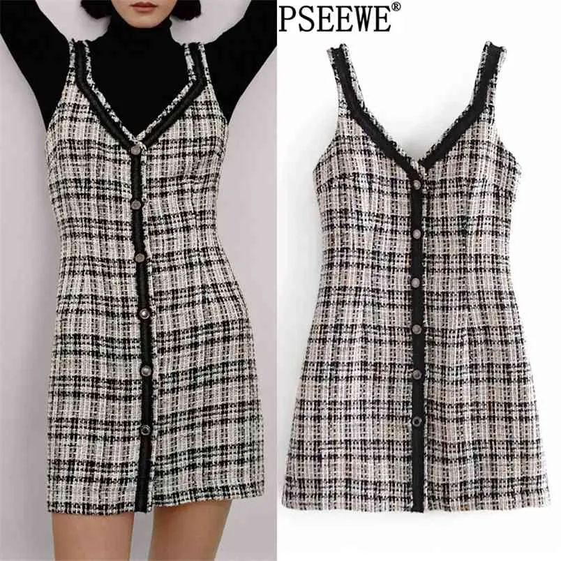 Black White Plide Tweed Pinafore Мини-платье Женщины Зимние Без рукавов Славное Женщина Винтаж Тонкий Элегантный ES 210519