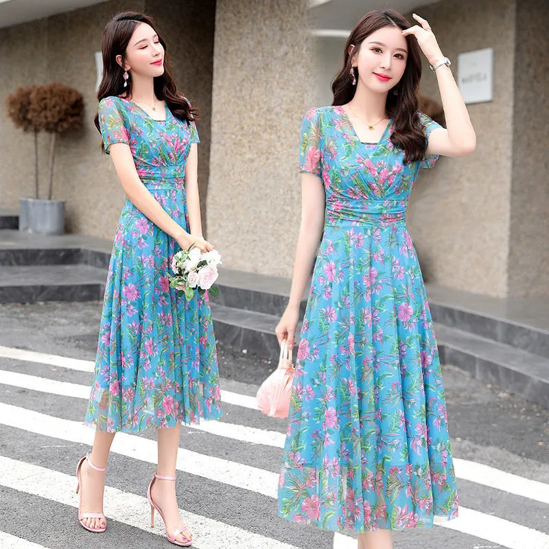 Muyoms Elegant Printed Chiffon Dress Short Sleeve, Zipper