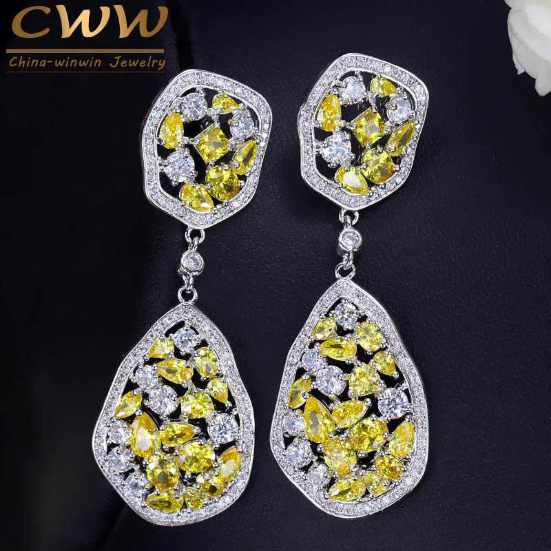 Irregular Design White Gold Color Long Drop Gorgeous CZ Crystal Yellow Stone Earrings for Women Jewelry CZ288 210714