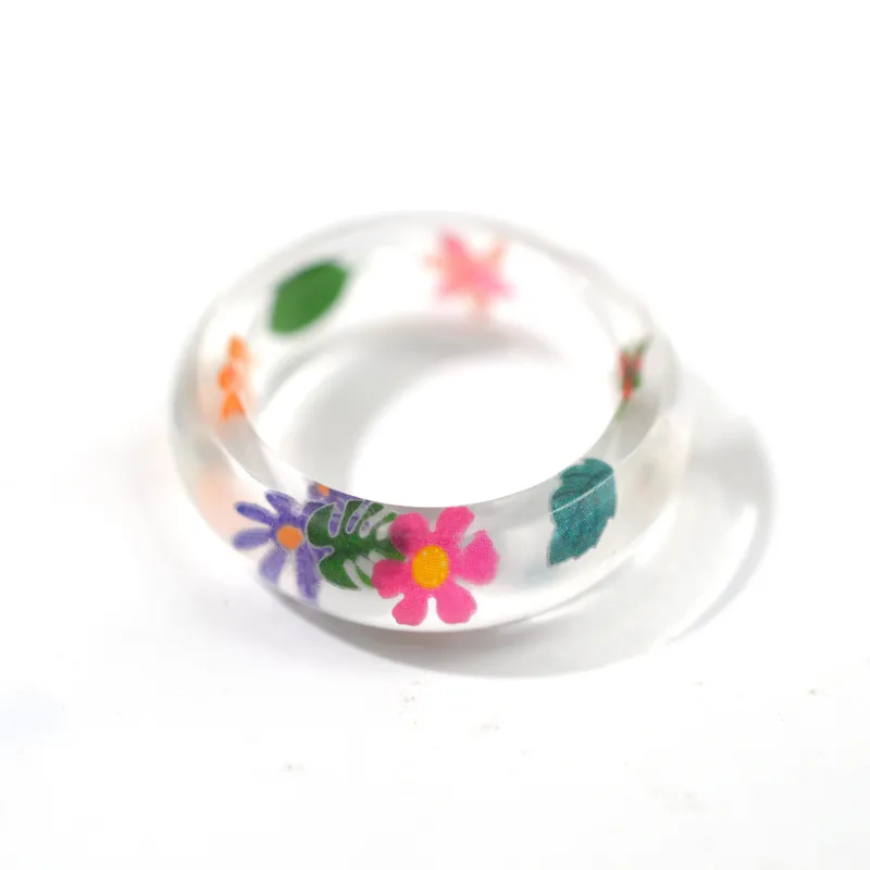 HJ48 2021 coréen Ins Vintage résine transparente Joyeria ronde fleur anneau pour femmes bijoux Regalos Para Mujer