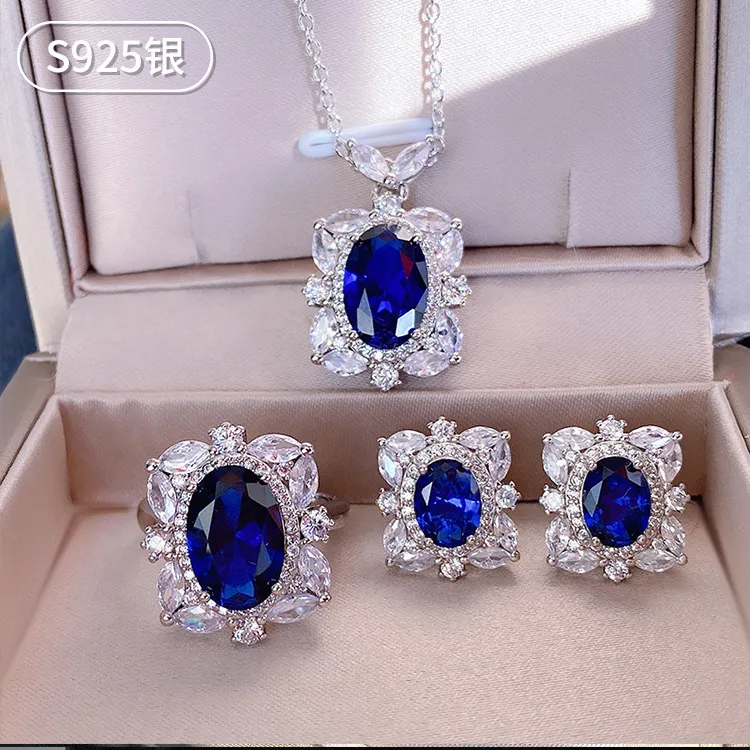 Set di gioielli con diamanti e zaffiri di lusso. Collana di orecchini di anelli di nozze originali in argento sterling 925 per gioielli da donna