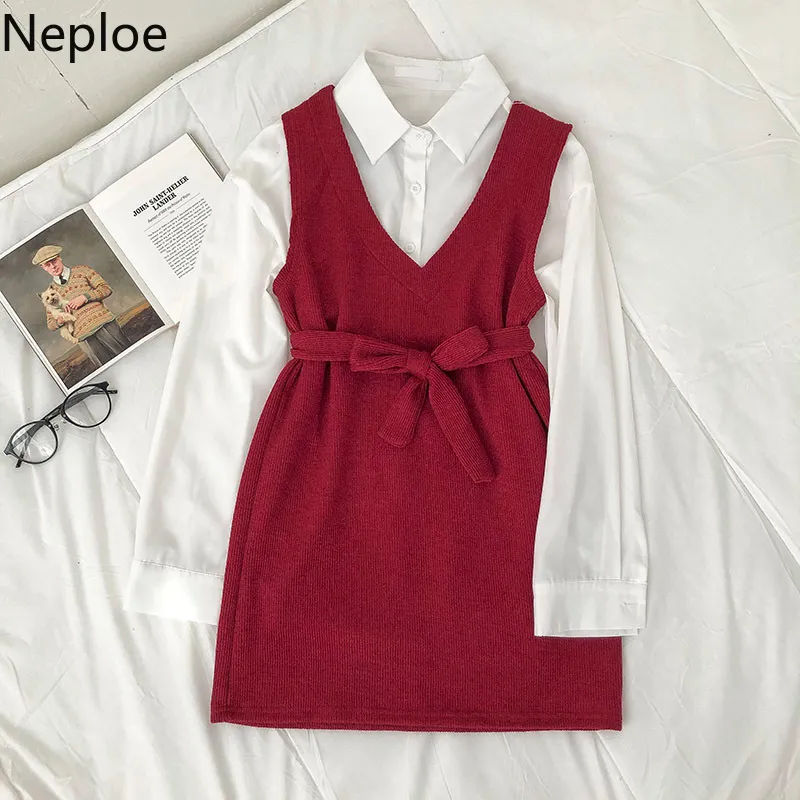 Neploe 2ピースセット女性ファッションスーツビンテージニットベストドレスルーズホワイトシャツトップスFemme Roupas韓国2個セット210422