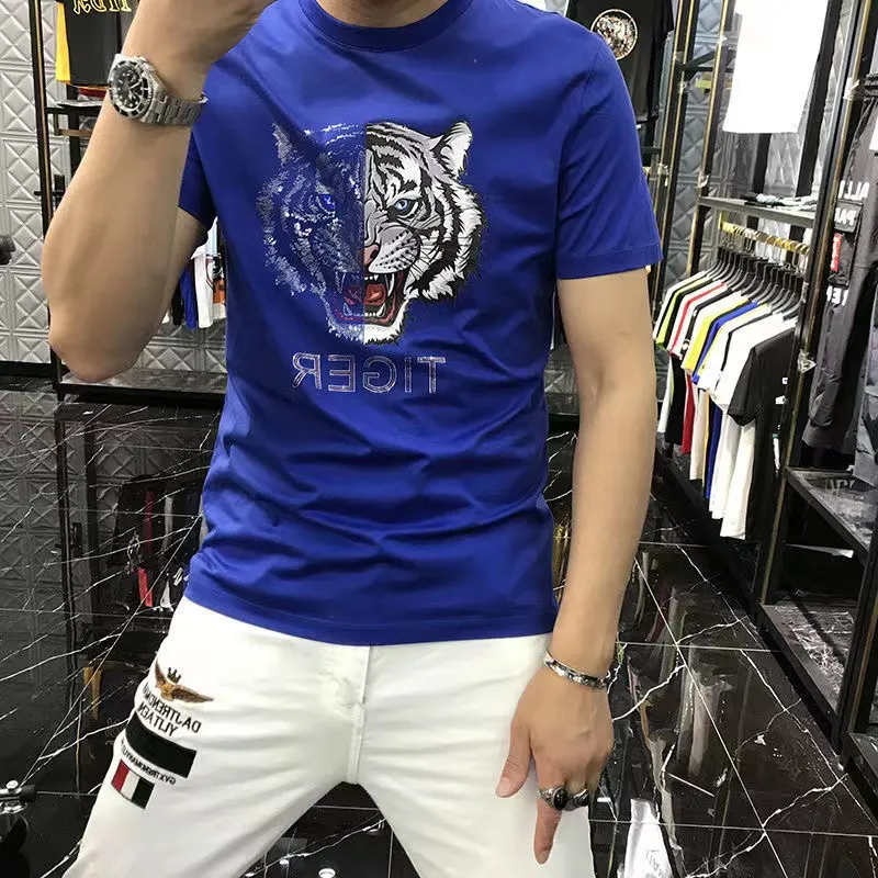 Nuevas camisetas para hombres Diseñador de diamantes de imitación Cabeza de tigre Impresión Hip Hop Calle Manga corta Tallas grandes Ropa de calle O-cuello Top masculino Ropa Azul Rojo Negro Blanco M-4XL