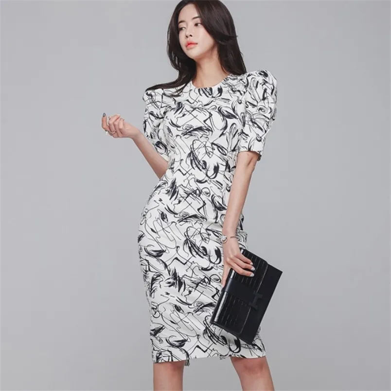 Sommer Frauen Puff Sleeve Print Bodycon Kleider Korea Elegante Mode Oansatz Büro Bleistift Party Kleid Vestidos 210519