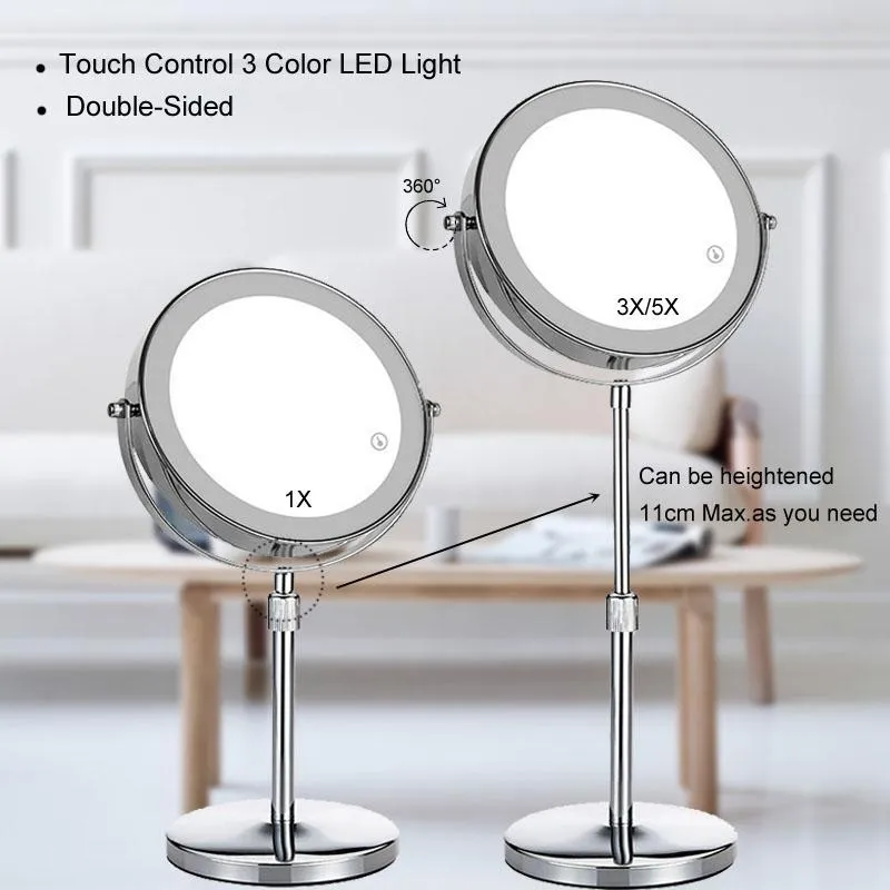 Espejos Espejo LED de maquillaje de tocador de 2 caras Aumento de 3X / 5X, recargable por USB, brillo táctil de 3 colores y soporte de altura ajustable