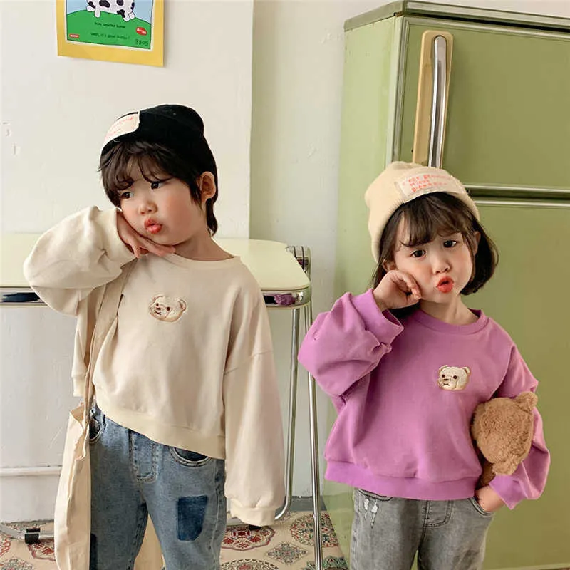 Primavera estilo coreano meninos e meninas cartoon bordado bordado manga comprida t camisas crianças crianças algodão solto moletom tops 210615
