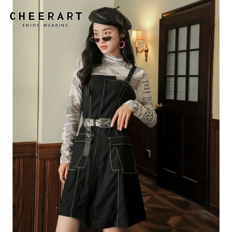 Contrast Stitch Suspender Dress Women Black Spaghetti Strap A Line Patchwork Casual Mini Fall Clothing 210427