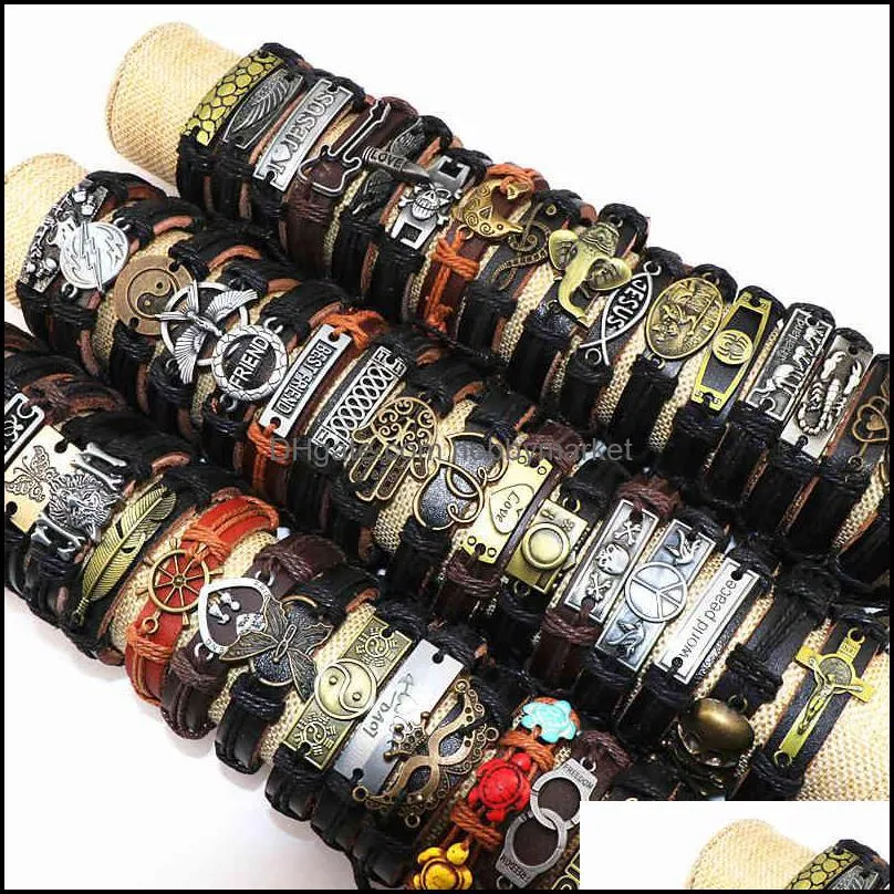 Wholesale 50pcs/Lot Leather Metal Charm Bracelets For Men Vintage Wrist Cuff Bracelets For Women Gifts Jewelry Mix Style 210408