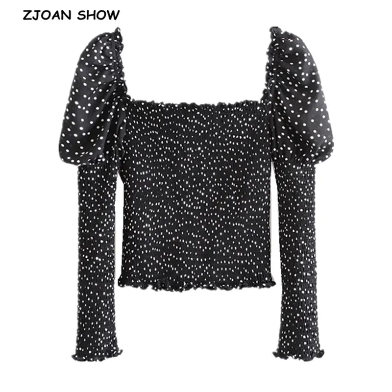 Vintage Polka Dot Print Crop Shirt Women Sexy Square Neck Elastic Ruched Body Slim Fit Blouse French Tops 210429