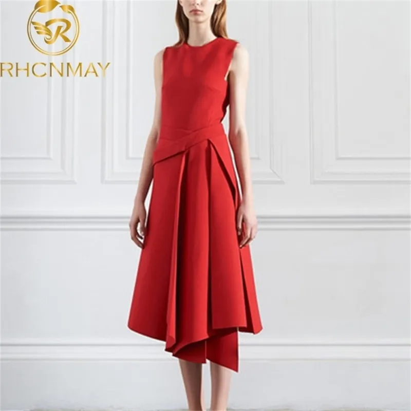 Ontwerper merk kledingbaan zomer vrouwen rode mouwloze vrouwelijke elegante slanke asymmetrische partij lange jurk 210506