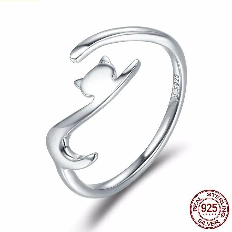 Bamoer 100% 925 sterling zilver kleverige kat met lange tail vinger ring vrouwen ring verstelbare verlovingsring sieraden scr220 31 W2