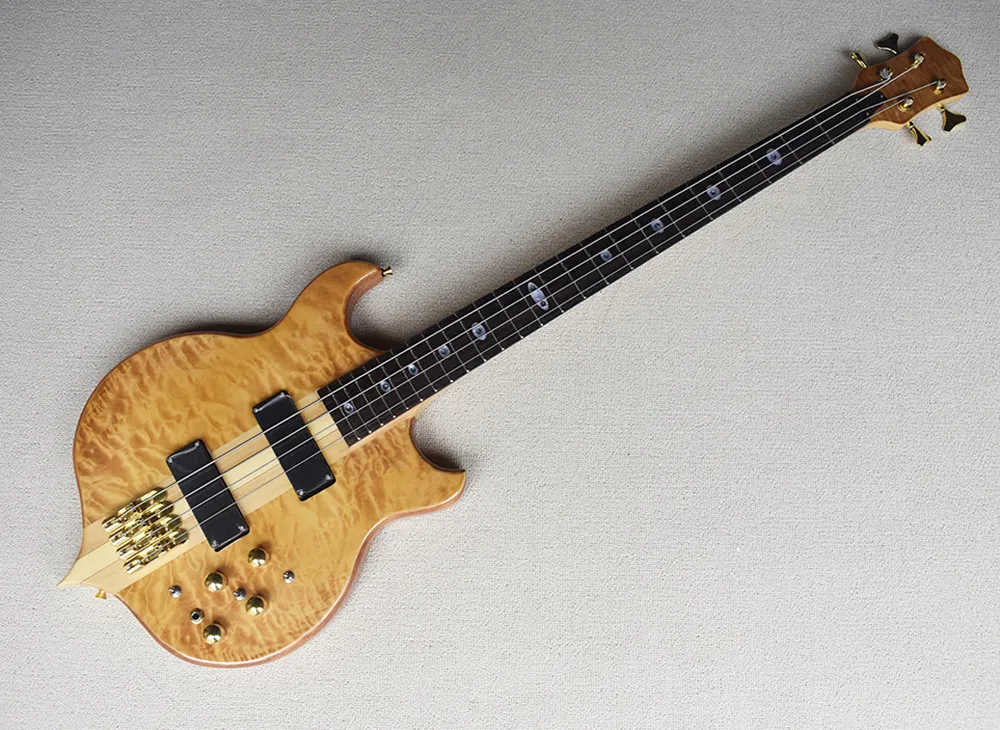 4 Strings Neck-thru-body Electric Bass Guitar with 24 Frets,Quilted Maple Veneer,Rosewood Fretboard